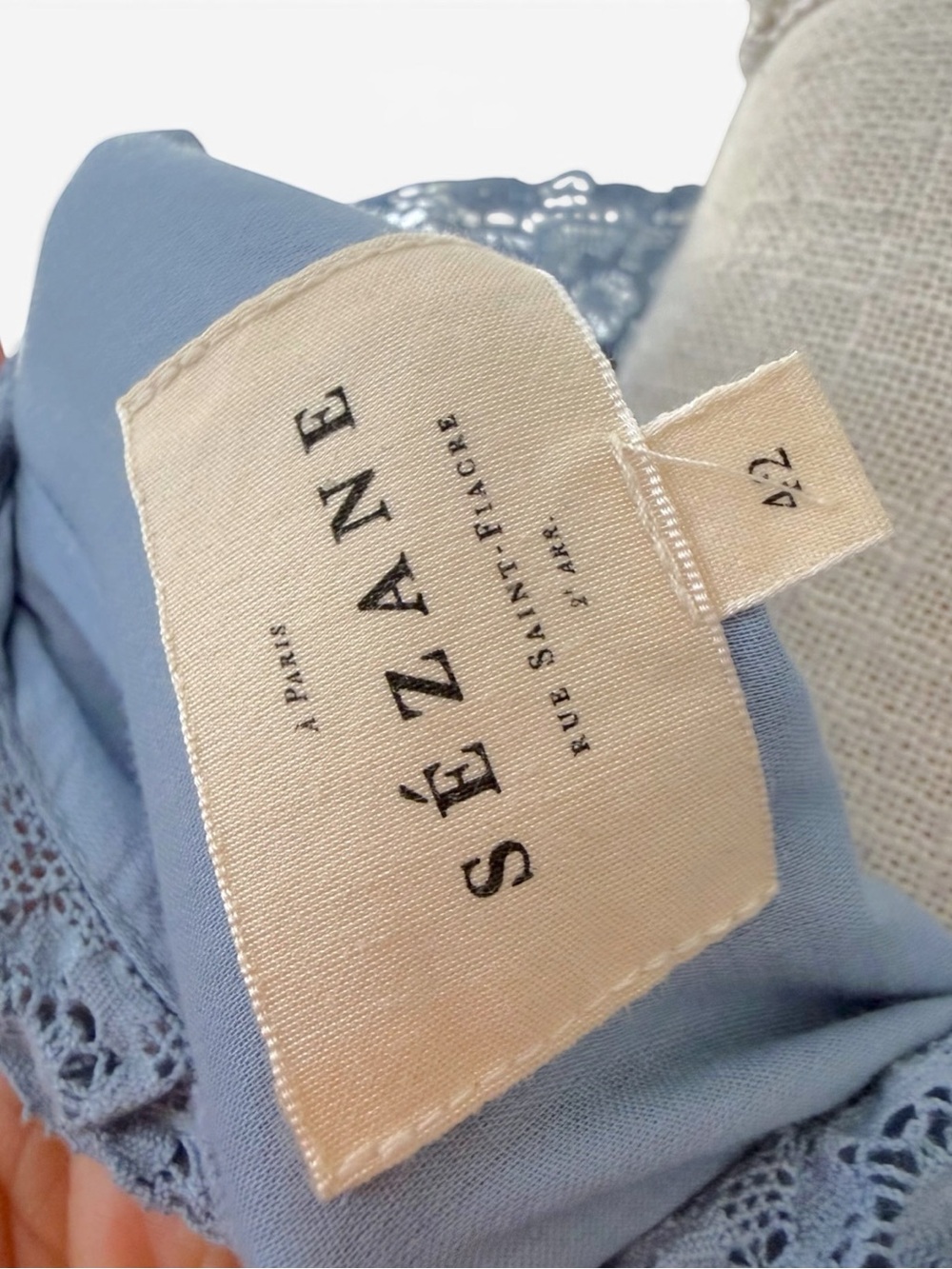 Sézane Chlo Shirt Vintage Blue Lace Ruffle Collar Size 42/10/ M US Cottagecoe - Picture 5 of 14